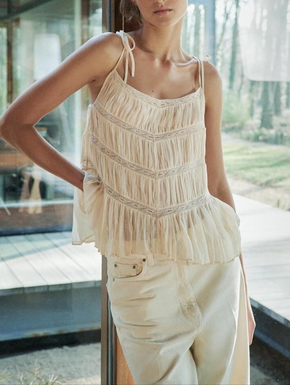 DELUC Samos Top Ecru Pleated Lace Trim Tie Shoulder Camisole NWT Size S